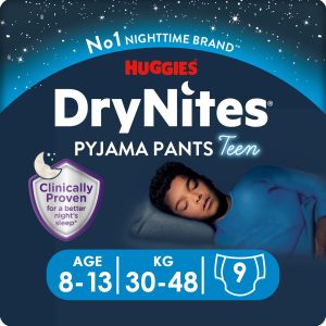 Huggies НОЩНИ ПЕЛЕНИ ГАЩИЧКИ DRYNITES, 8-13 ГОДИНИ МОМЧЕ 30-48 КГ, 9 БРОЯ