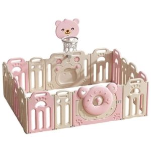 Сгъваема бебешка ограда за игра с баскетболен кош Feelkids Розово мече