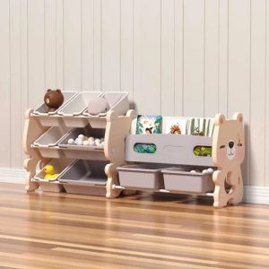 Комбиниран пластмасов скрин за съхранение на играчки и книги Feelkids Розово мече