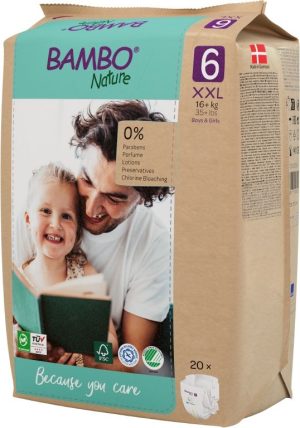 Еко пелени за еднократна употреба Bambo Nature, размер 6, XXL, 16+кг., 20 броя, хартиена опаковка