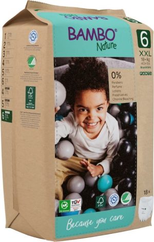 Eко пелени за еднократна употреба, тип тренировъчни / преходни гащи Bambo Nature Pants, размер 6, XXL, 18+ кг., 18 броя, хартиена опаковка