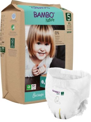 Eко пелени за еднократна употреба, тип тренировъчни / преходни гащи Bambo Nature Pants, размер 5, XL, 12-18кг., 19 броя, хартиена опаковка