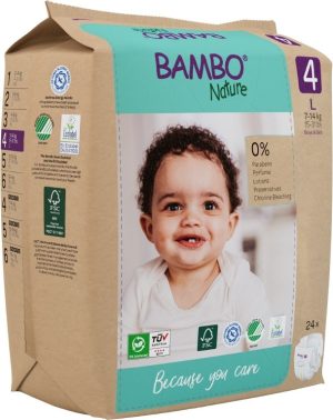 Еко пелени за еднократна употреба Bambo Nature, размер 4, L, 7-14кг., 24 броя, хартиена опаковка