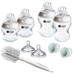 Стартов комплект самостерилизиращи се шишета за хранене Tommee Tippee Natural Start + биберони, залъгалки и четка