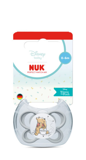 NUK Perfect Match биберон залъгалка, силикон 0-6мес. 1бр., AIR, Мечо Пух, сива
