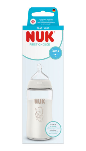 NUK First Choice стъклено шише Temperature Control 240мл. със силиконов биберон за хранене 3+мес. р-р М, Морско конче, бяло