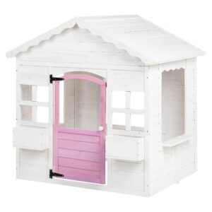 Детска Дървена Къщичка за Игра GINGER HOME – Градинска Къща с Прозорци и Саксии, Бяла, 123×106×125 см