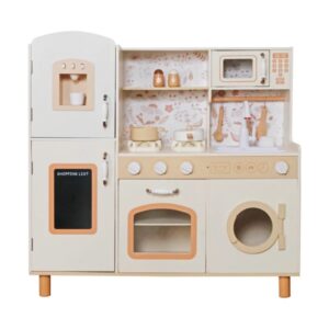 Детска Дървена Кухня GINGER HOME – Винтидж Модел с Електронни Котлони, Светлини, Звуци и Мивка с Течаща Вода, 91×31×90 см