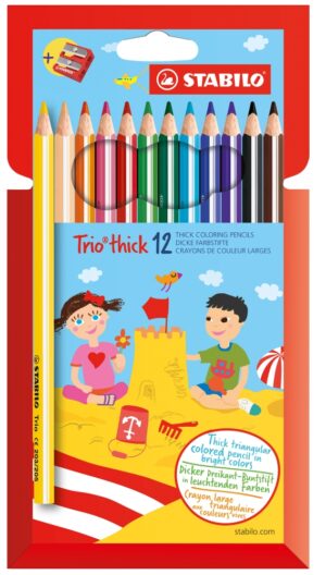 Комплект цветни моливи и острилка, Stabilo, Trio Thick, 12 цвята
