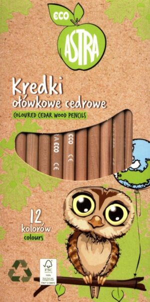 Комплект моливи, Astra, Eco, Цветни и кръгли от кедрово дърво, 12 цвята
