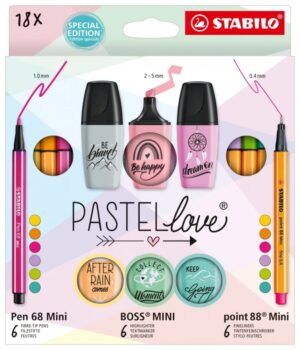 Комбиниран комплект, Stabilo, Pastellove, Pen 68 Mini, Boss Mini, Point 88 mini, 18 броя