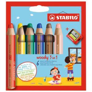 Комплект цветни моливи, Stabilo, Woody 3 в 1 + острилка, 6 цвята