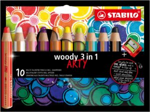 Комплект цветни моливи, Stabilo, Woody Arty 3 в 1 + острилка, 10 цвята