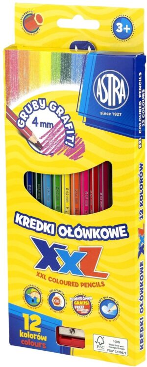Комплект цветни шестоъгълни моливи, Astra, XXL, 12 броя, С острилка