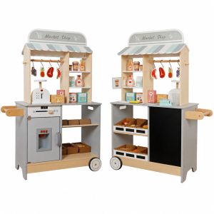 Детски Дървен Магазин GINGER HOME 2 в 1, Кухня, Щанд, Рафтове, Черна Дъска и Аксесоари, 60/73x29.5x105 см