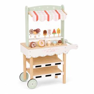 Детски Дървен Щанд за Сладолед GINGER HOME, Магазинче на Колела, MDF, 44/57x28x95.5 см, Монтесори Игра
