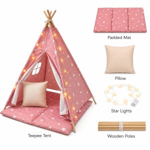 Детска Памучна Палатка GINGER HOME Little Stars, Типи, Розова със Звезди, 100% Памук, с Мека Подложка с Пълнеж, Възглавница и LED Лампички, 120x120x160 см