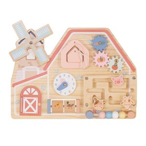 Дървена Монтесори Активна Дъска GINGER HOME, Ферма с Мелница, Лабиринт, Часовник и Зъбни Колела, 33x24x5 см