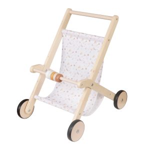 Детска Дървена Количка за Кукли GINGER HOME с Мек Текстилен Кош, Натурално Дърво, 34x46x49.5 см