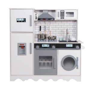 Детска Дървена Кухня GINGER HOME с Хладилник, Мивка с Течаща Вода, Микровълнова, Пералня и Електронни Функции, 97x30x94 см