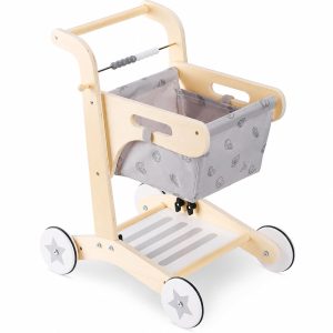 Детска Дървена Проходилка GINGER HOME, Количка за Пазаруване с Кош, Играчка за Бутане, Монтесори, 52 см