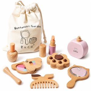 Детски Дървен Козметичен Комплект GINGER HOME, Гримове за Ролева Игра, Чантичка, Монтесори