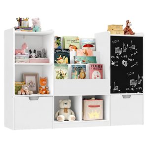 Детски Органайзер за Играчки GINGER HOME с Черна Дъска, Етажерка, 2 Чекмеджета и 6 Отделения, Масивно Дърво и MDF, 140x51x80 см