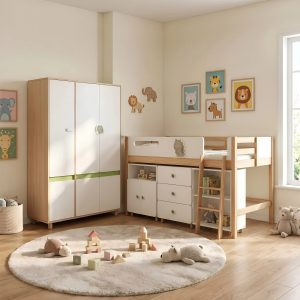 Комплект Мебели за Детска Стая GINGER HOME DINO с Комбинирано Легло 90x200 см, Гардероб, Шкафове, Скрин, Етажерка и Подматрачна Рамка, Бяло, Зелено и Натурално Дърво