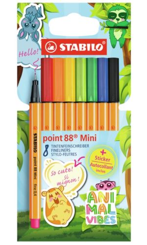 Комплект тънкописци, Stabilo, Point 88 Mini, Animal Vibes, 8 цвята