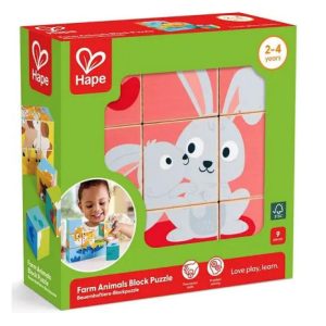 Дървен пъзел с кубчета, Hape, Ферма, 9 части