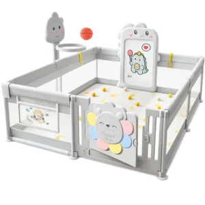 Бебешка ограда Sonne Animal World – Grey с магнитна дъска и кош